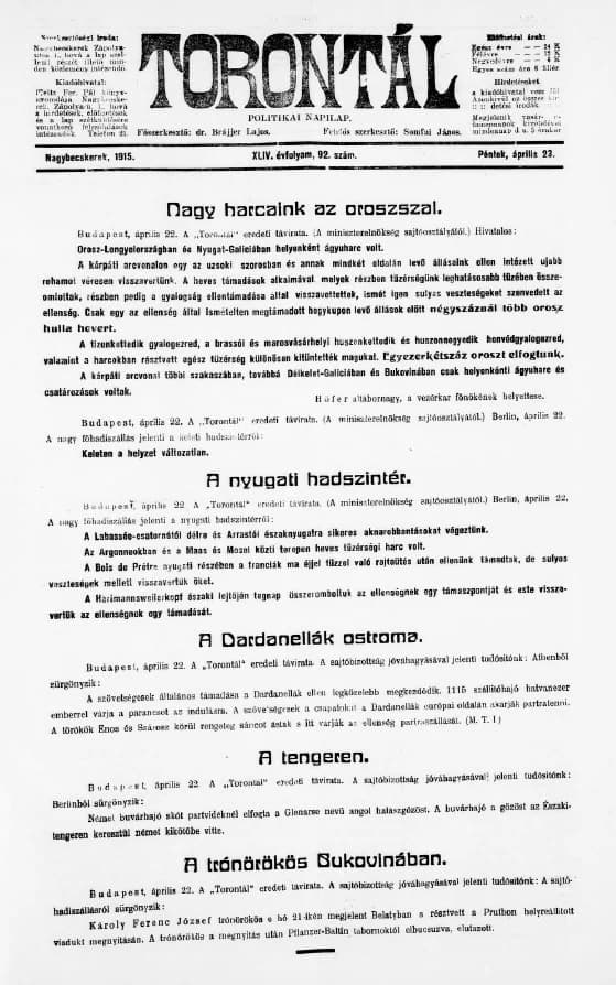 Torontál, 44. évf. 1915. április 23. 92. sz.