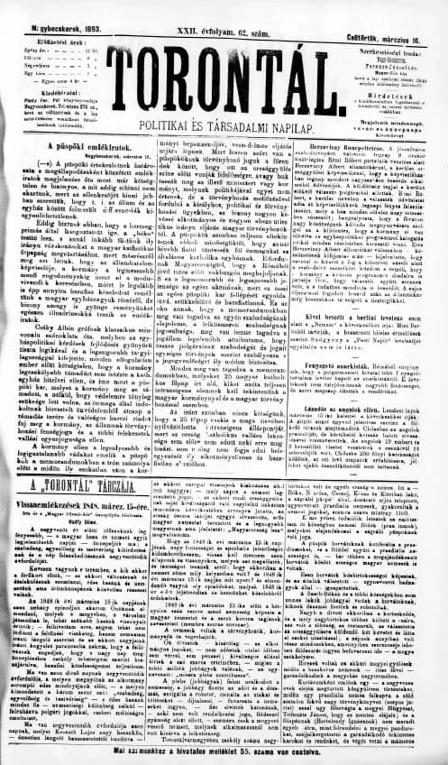 Torontál, 22. évf. 1893. március 16. 62. sz.