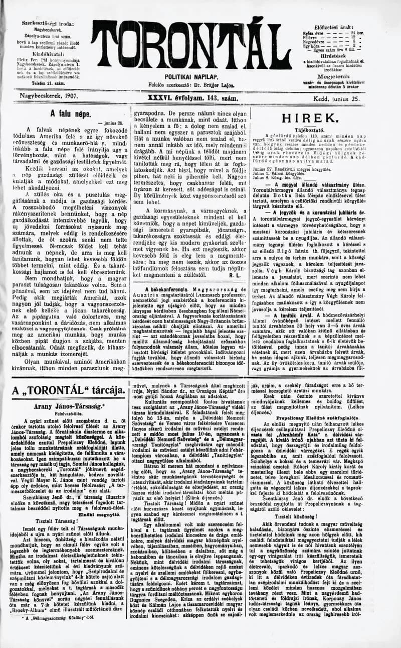 Torontál, 36. évf. 1907. június 25. 143. sz.