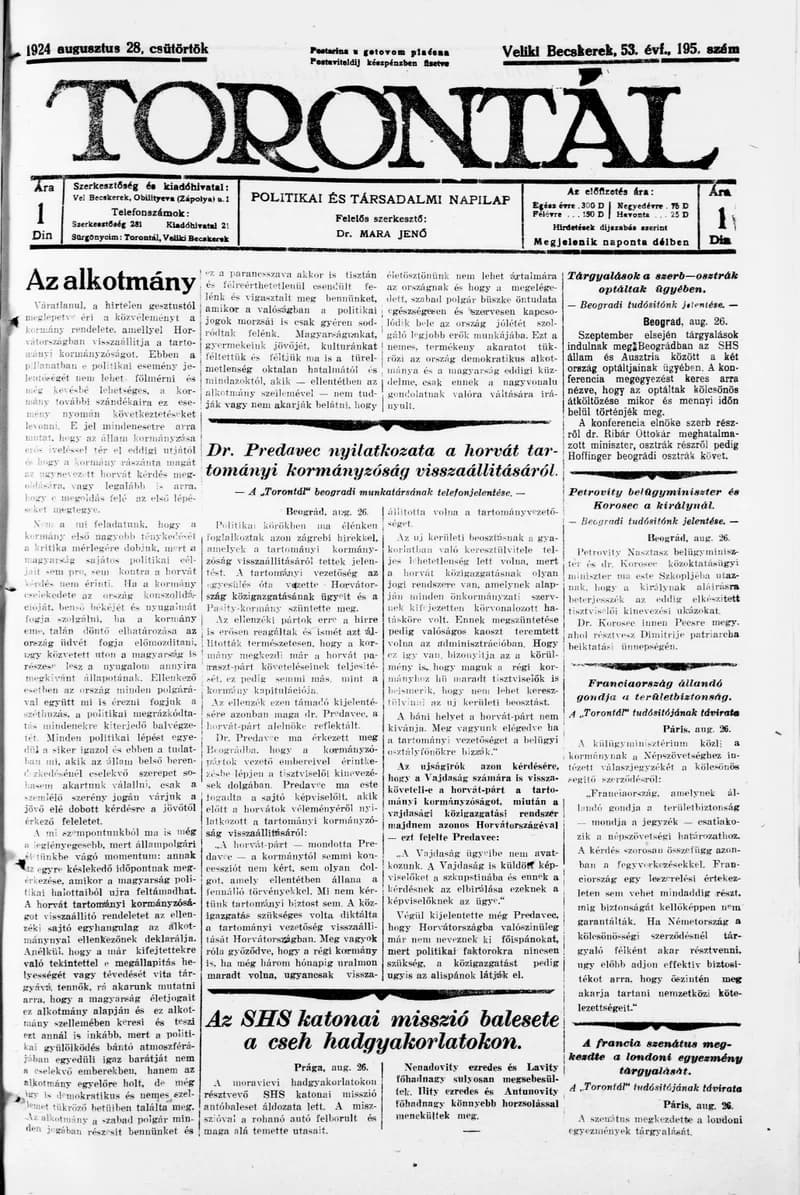 Torontál, 53. évf. 1924. augusztus 28. 195. sz.