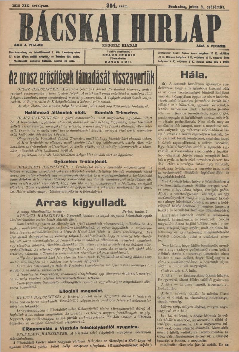 Bácskai Hirlap, 19. évf. 1915. július 8. 304. sz.