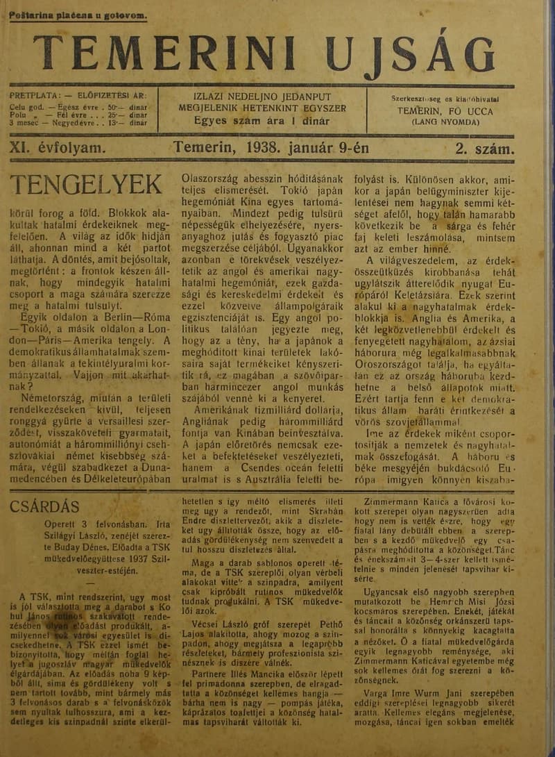 Temerini Újság 1928-1944, 11. évf. 1938. január 9. 2. sz.