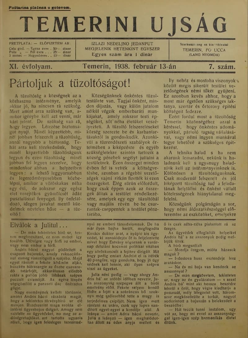 Temerini Újság 1928-1944, 11. évf. 1938. február 13. 7. sz.