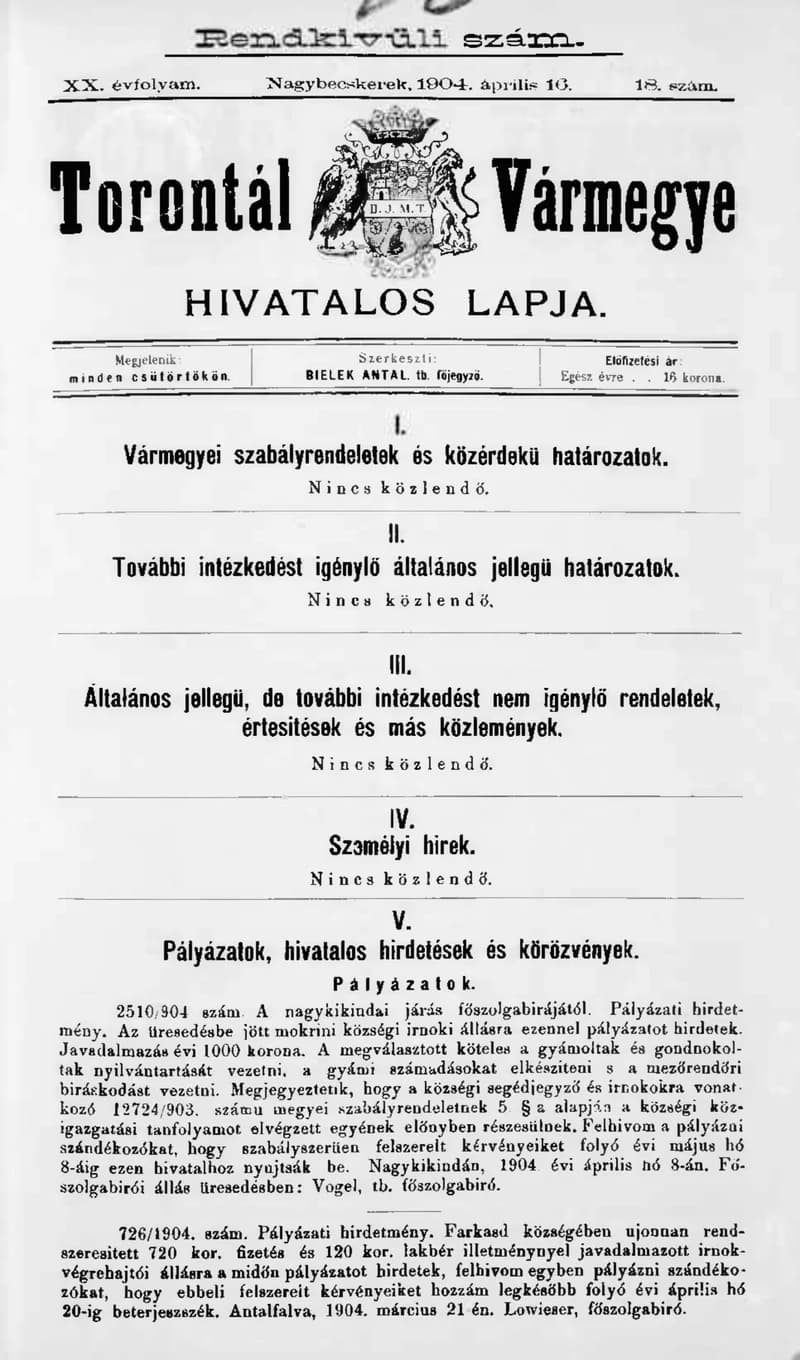 Torontál Vármegye Hivatalos Lapja, 20. évf. 1904. április 16. 18. sz.