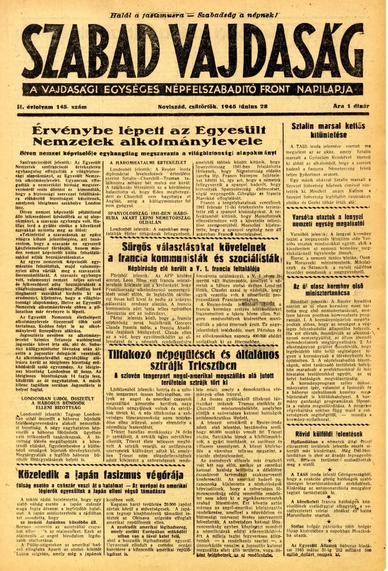 Szabad Vajdaság, 2. évf. 1945. június 28. 145. sz.