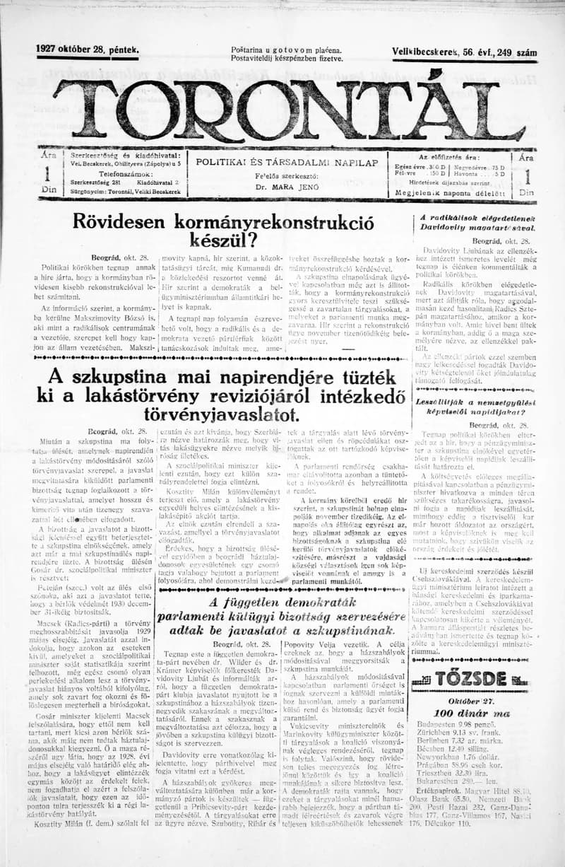 Torontál, 56. évf. 1927. október 28. 249. sz.