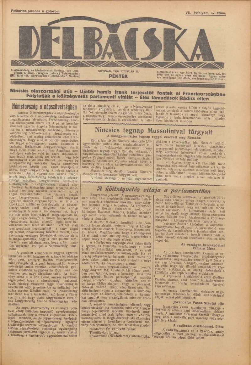 Délbácska, 7. évf. 1926. február 26. 47. sz.