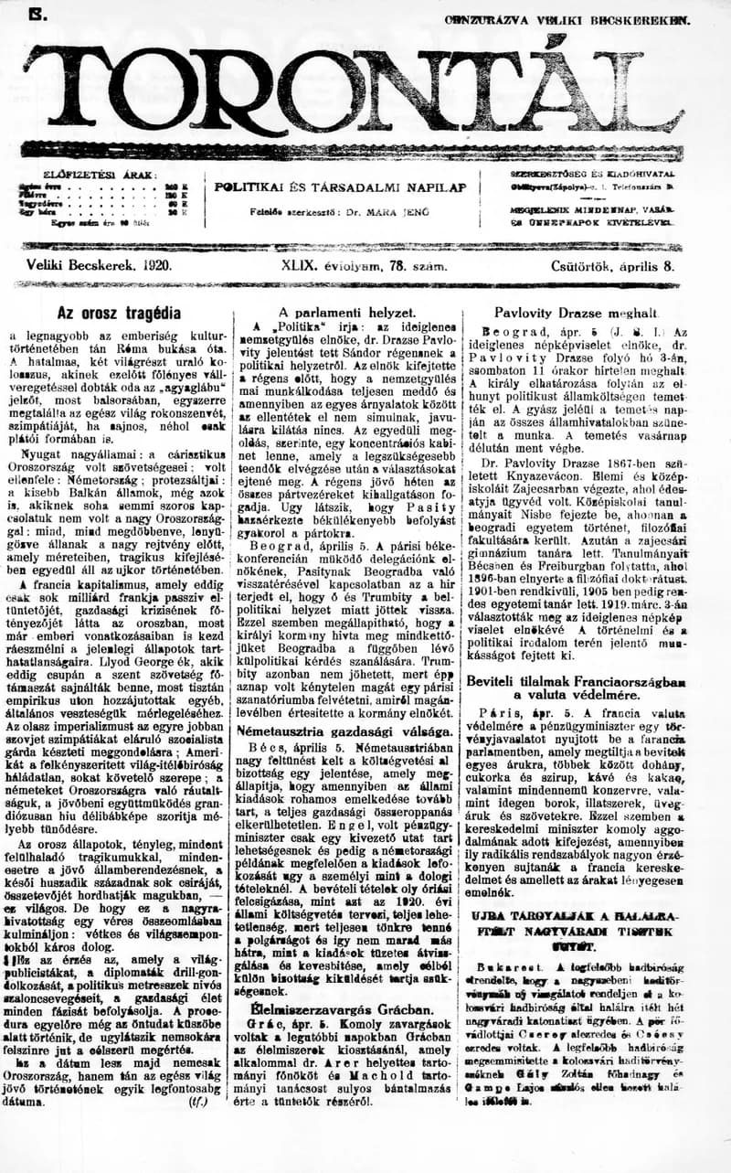 Torontál, 49. évf. 1920. április 8. 78. sz.