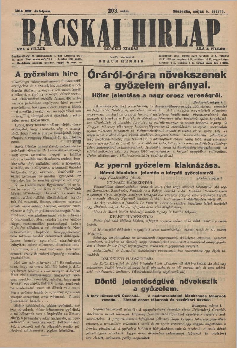 Bácskai Hirlap, 19. évf. 1915. május 5. 202. sz.