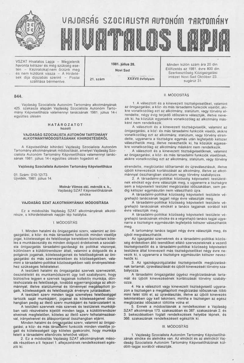Vajdaság Szocialista Autonóm Tartomány Hivatalos Lapja, 37. évf. 1981. július 28. 21. sz.