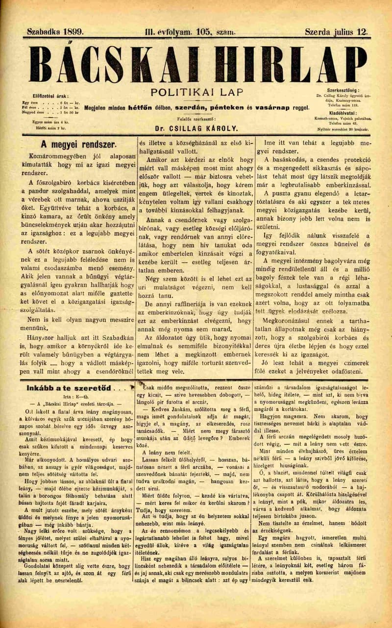 Bácskai Hirlap, 3. évf. 1899. július 12. 105. sz.
