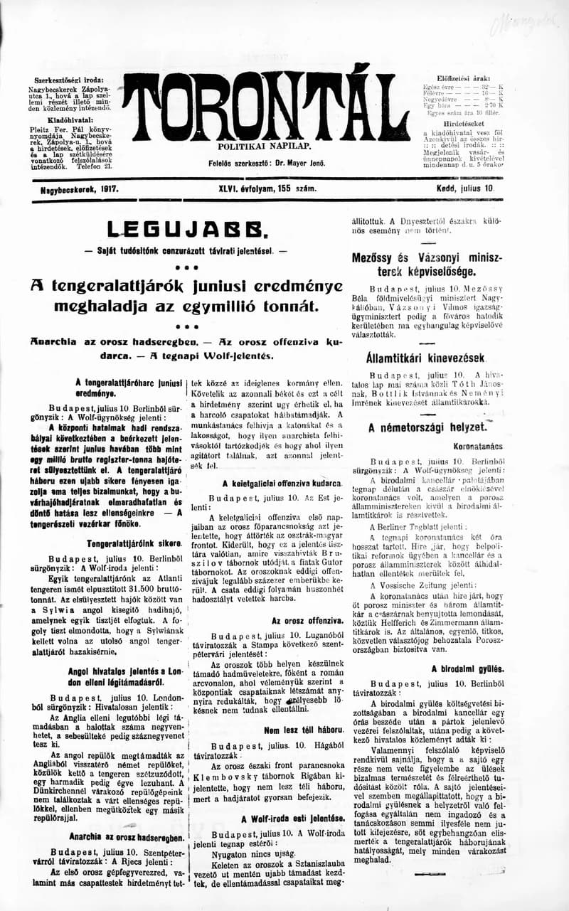Torontál, 46. évf. 1917. július 10. 155. sz.