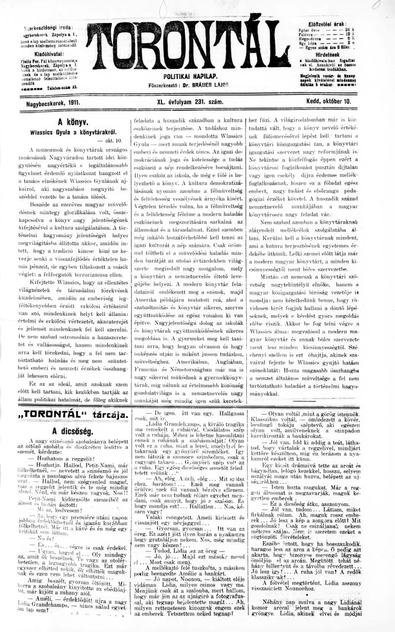 Torontál, 40. évf. 1911. október 10. 231. sz.