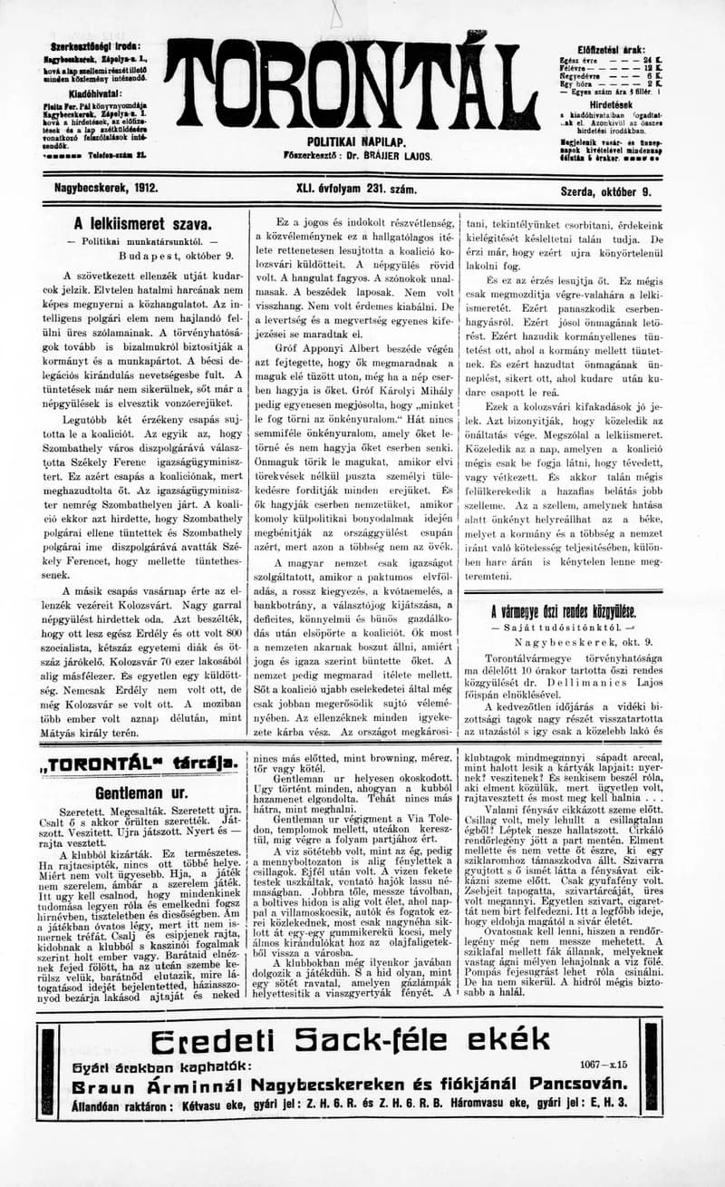 Torontál, 41. évf. 1912. október 9. 231. sz.