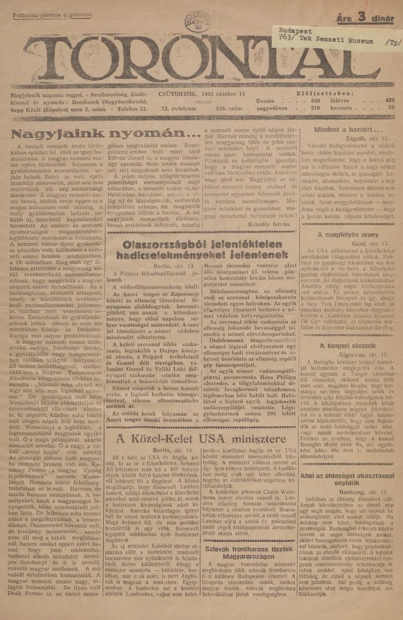 Torontál, 72. évf. 1943. október 14. 236. sz.