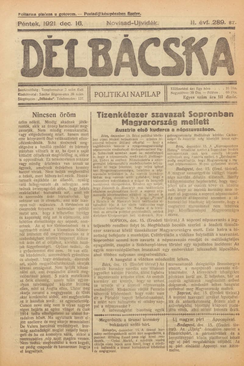 Délbácska, 2. évf. 1921. december 16. 289. sz.