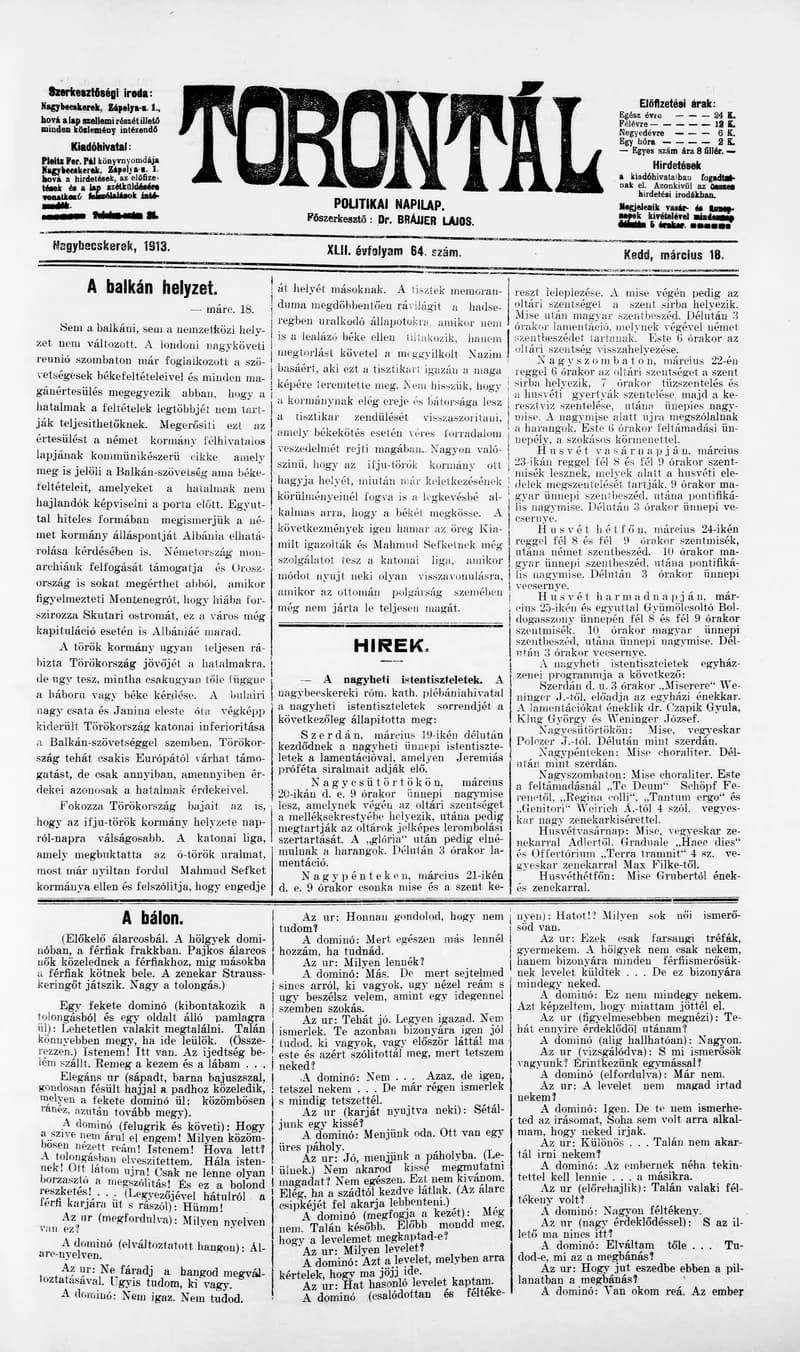 Torontál, 42. évf. 1913. március 18. 64. sz.