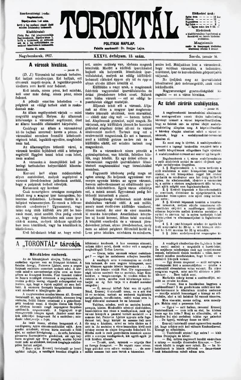 Torontál, 36. évf. 1907. január 16. 13. sz.