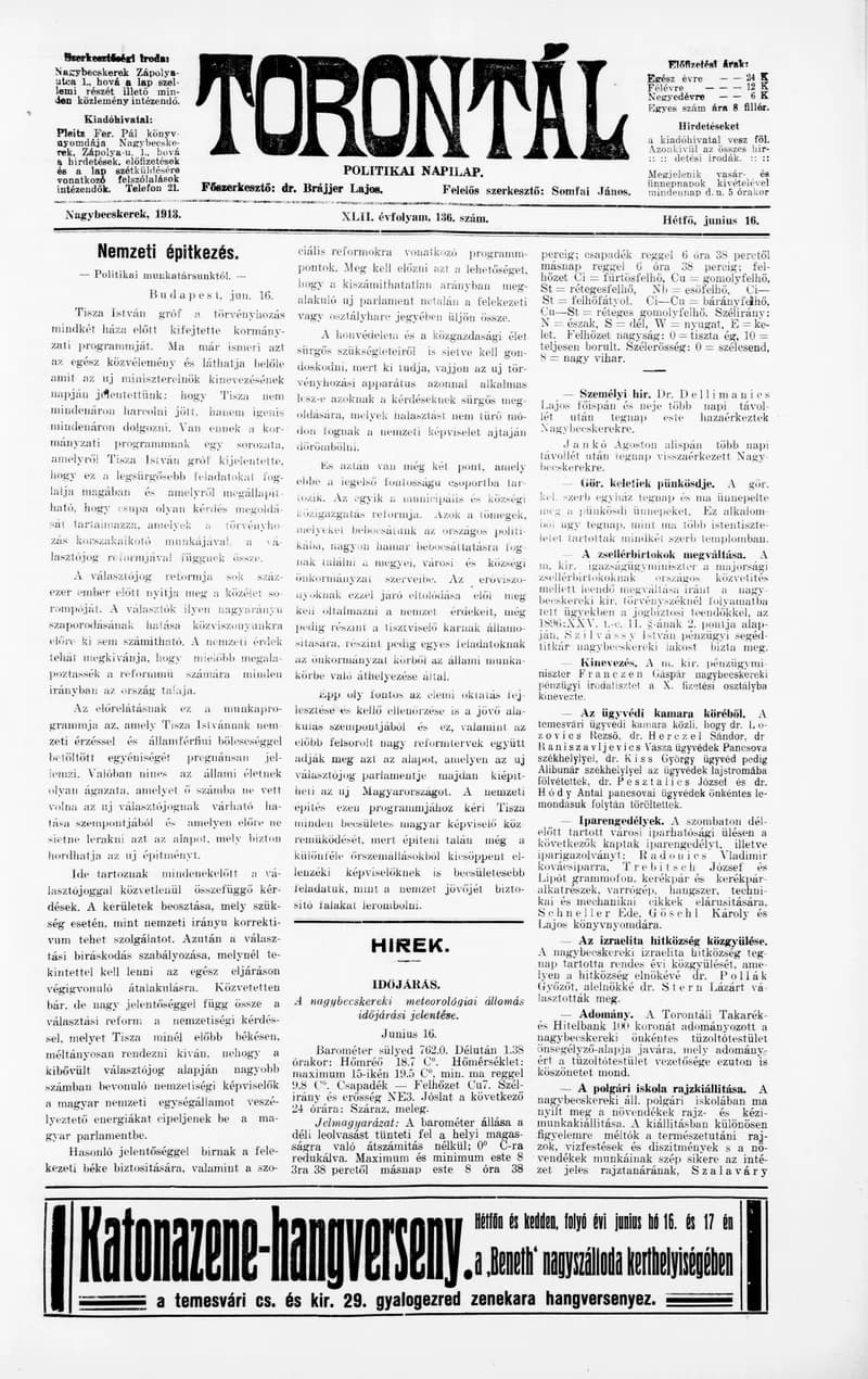 Torontál, 42. évf. 1913. június 16. 136. sz.