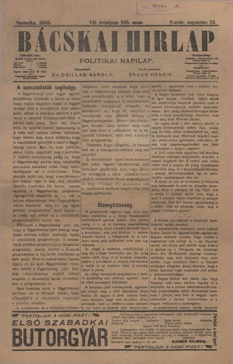 Bácskai Hirlap, 7. évf. 1903. augusztus 12. 185. sz.