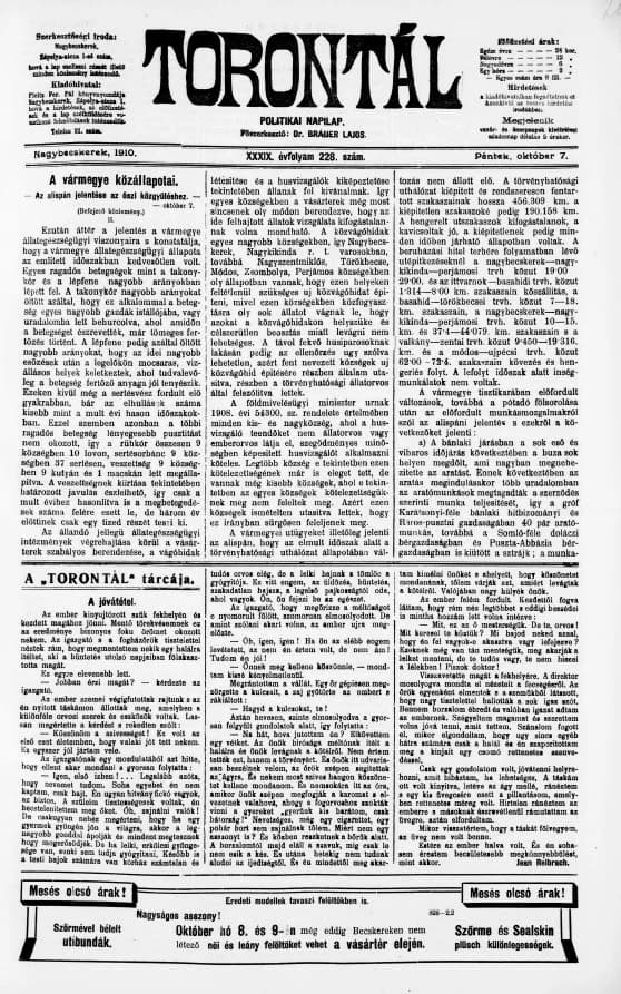 Torontál, 39. évf. 1910. október 7. 228. sz.