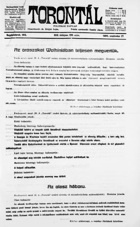Torontál, 44. évf. 1915. szeptember 27. 220. sz.