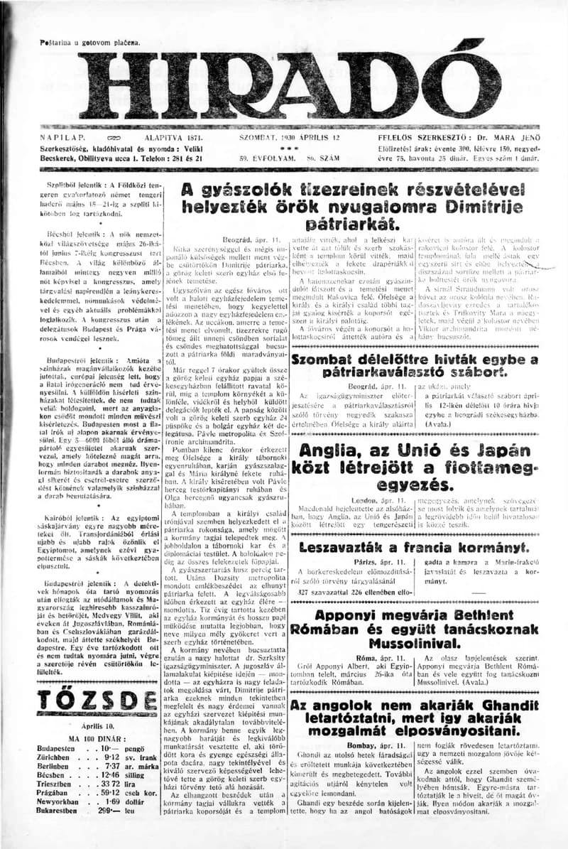 Híradó, 59. évf. 1930. április 12. 86. sz.