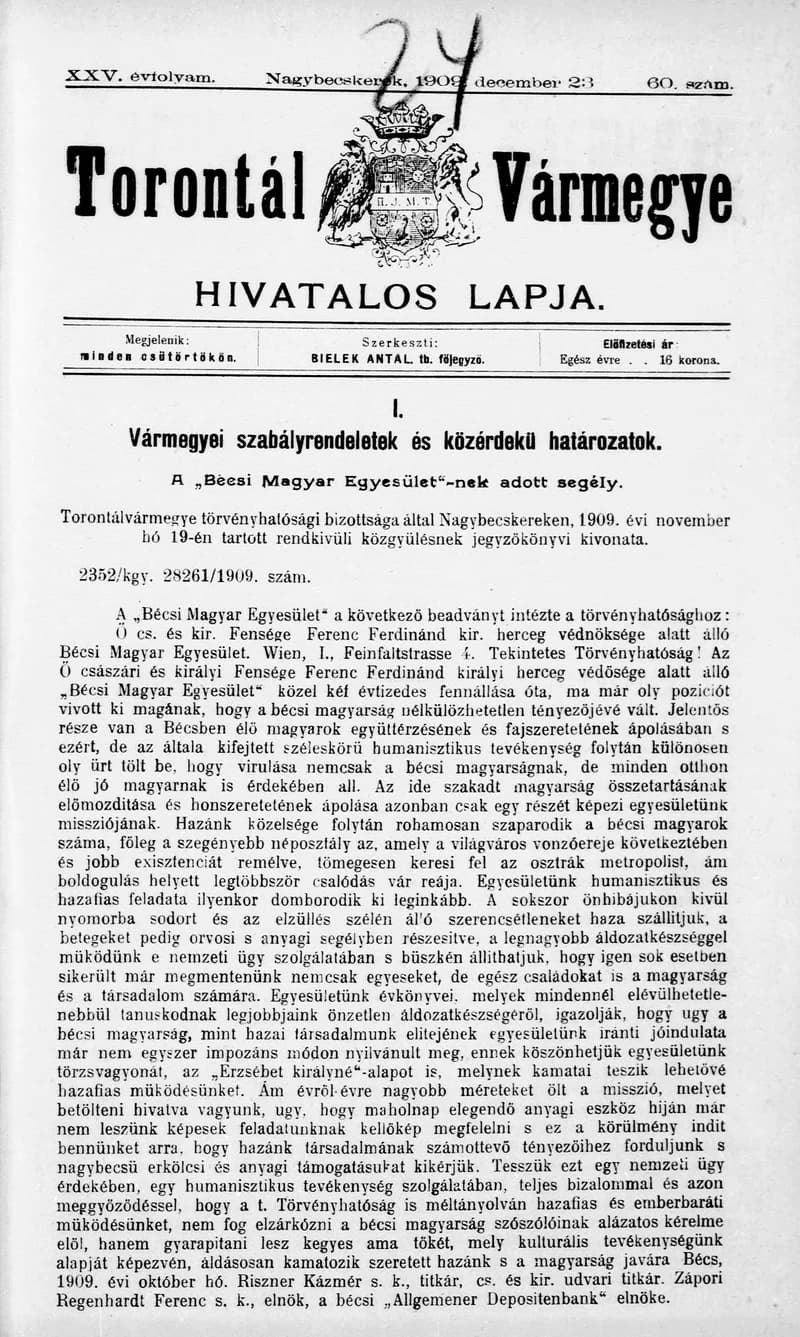 Torontál Vármegye Hivatalos Lapja, 25. évf. 1909. december 23. 60. sz.
