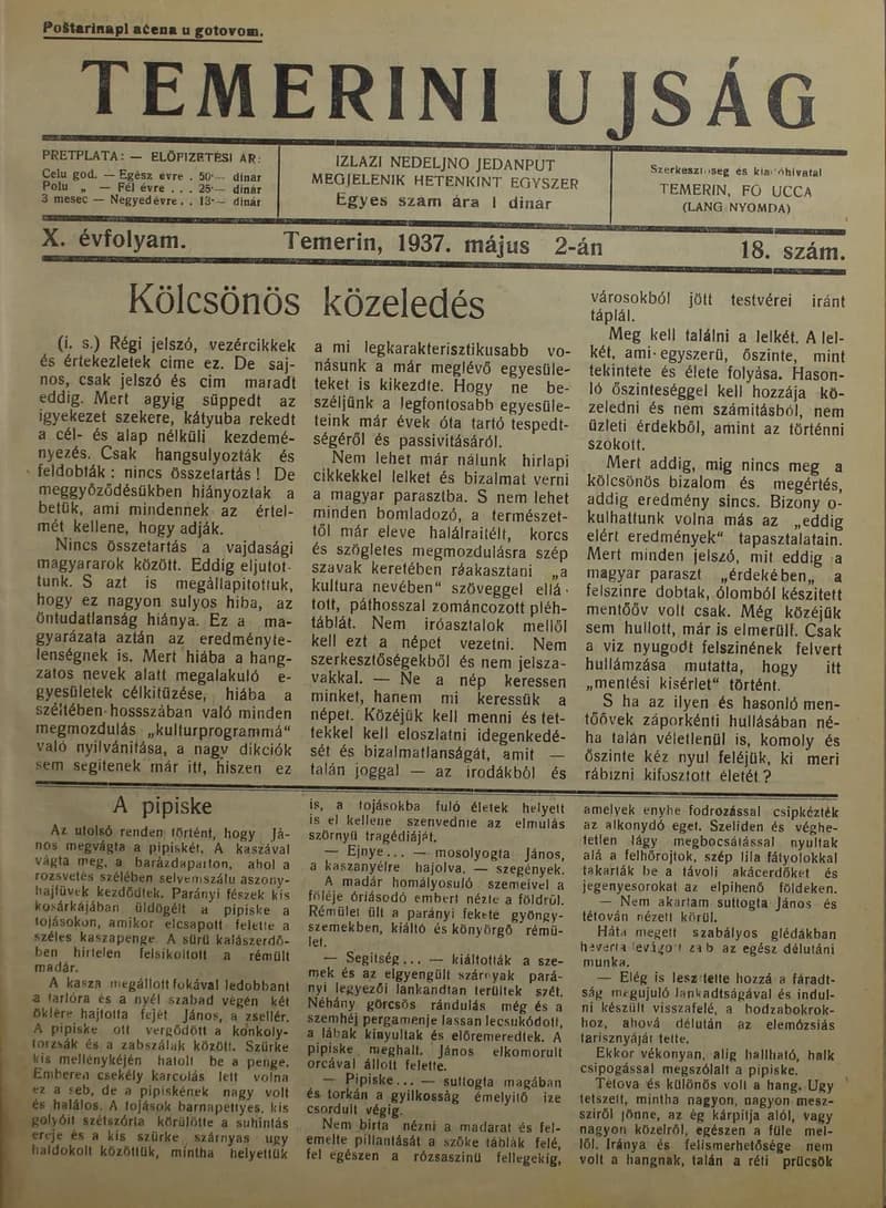 Temerini Újság 1928-1944, 10. évf. 1937. május 2. 18. sz.