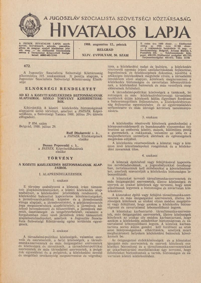A Jugoszláv Szocialista Szövetségi Köztársaság Hivatalos Lapja, 44. évf. 1988. augusztus 12. 50. sz. 1337–1372. oldal