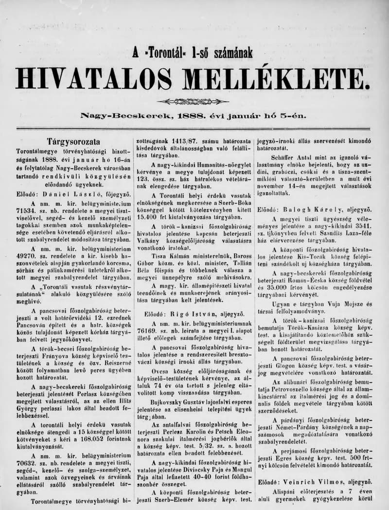 A Totontál  hivatalos melléklete, 1. évf. 1888. január 5. 1. sz.