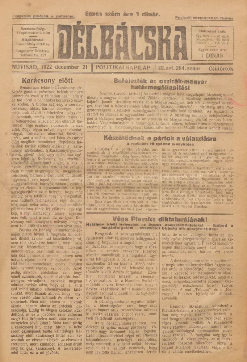 Délbácska, 3. évf. 1922. december 21. 284. sz.