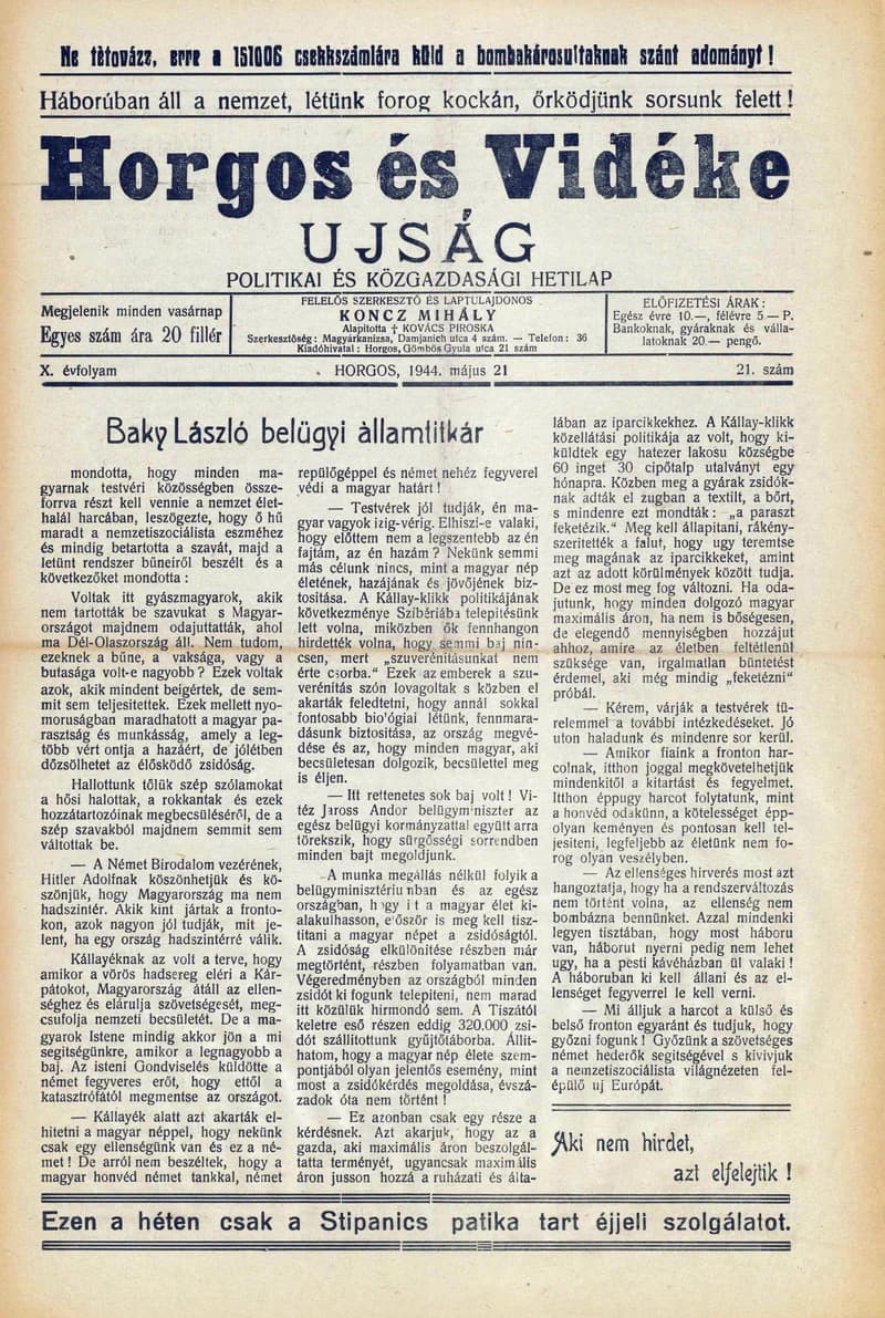 Horgos és vidéke, 9. évf. 1944. május 21. 21. sz.