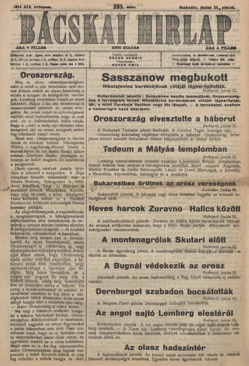 Bácskai Hirlap, 19. évf. 1915. június 25. 285. sz.