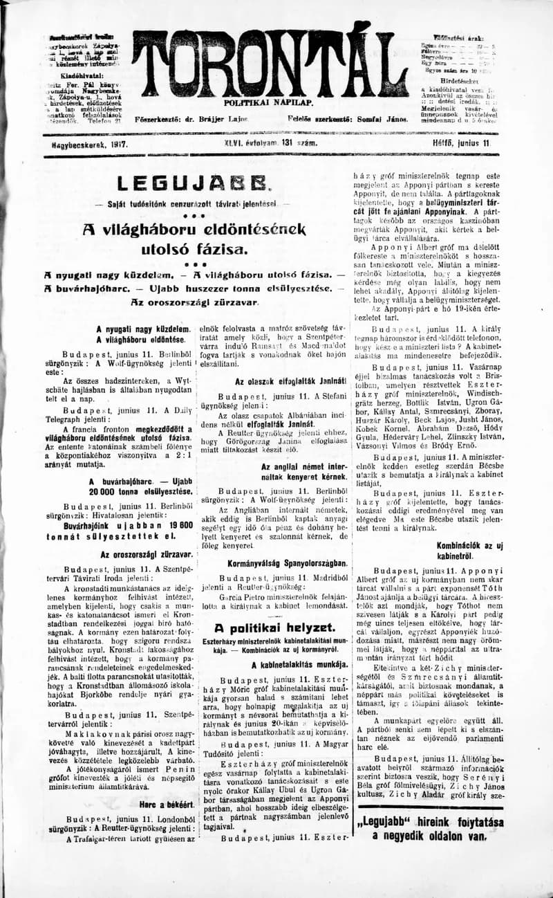 Torontál, 46. évf. 1917. június 11. 131. sz.