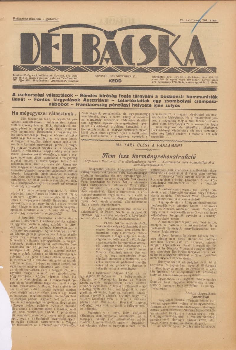 Délbácska, 6. évf. 1925. november 17. 267. sz.