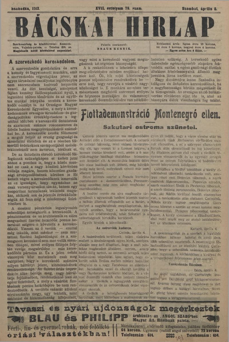 Bácskai Hirlap, 17. évf. 1913. április 5. 78. sz.