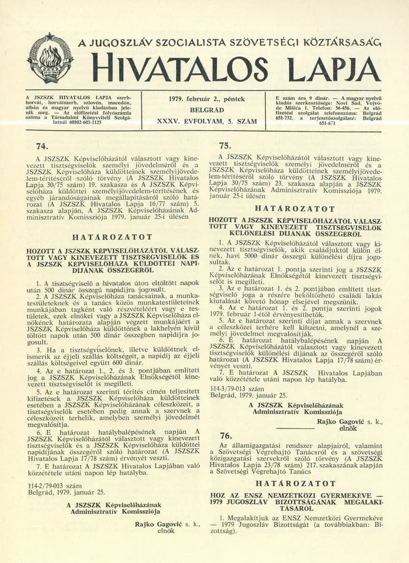 A Jugoszláv Szocialista Szövetségi Köztársaság Hivatalos Lapja, 35. évf. 1979. február 2. 5. sz. 153–176. oldal