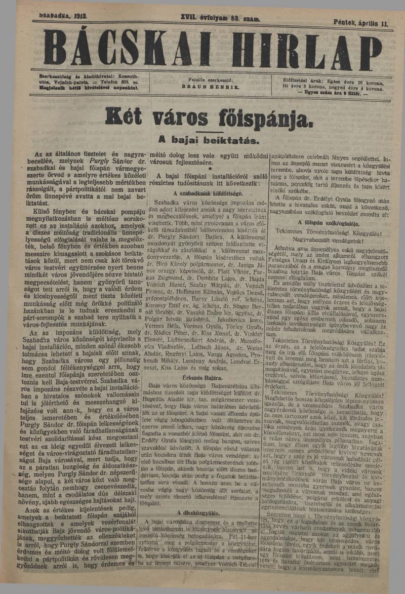 Bácskai Hirlap, 17. évf. 1913. április 11. 83. sz.