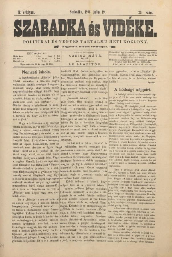 Szabadka és vidéke II, 4. évf. 1896. július 19. 29. sz.
