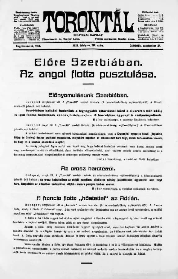 Torontál, 43. évf. 1914. szeptember 24. 216. sz.