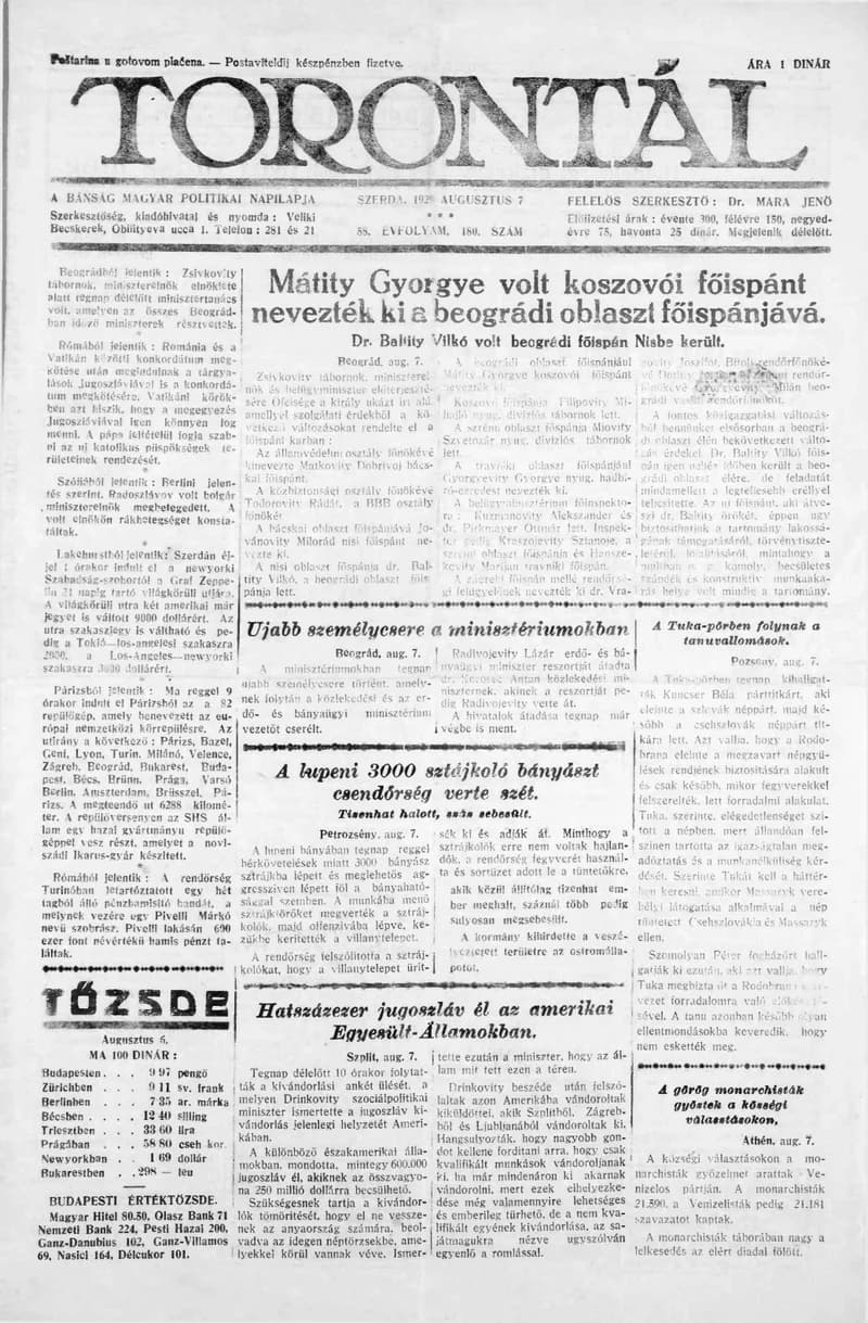 Torontál, 58. évf. 1929. augusztus 7. 180. sz.