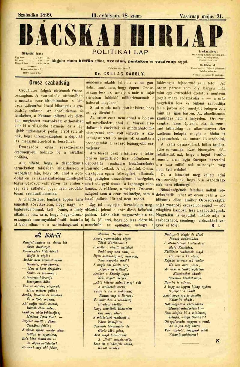 Bácskai Hirlap, 3. évf. 1899. május 21. 78. sz.