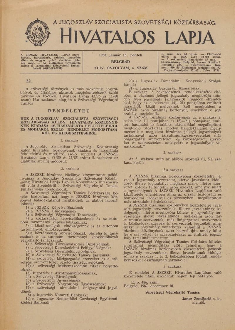 A Jugoszláv Szocialista Szövetségi Köztársaság Hivatalos Lapja, 44. évf. 1988. január 15. 4. sz. 85–88. oldal