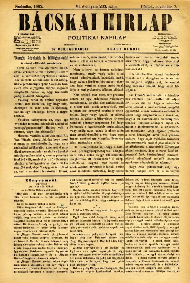 Bácskai Hirlap, 6. évf. 1902. november 7. 233. sz.