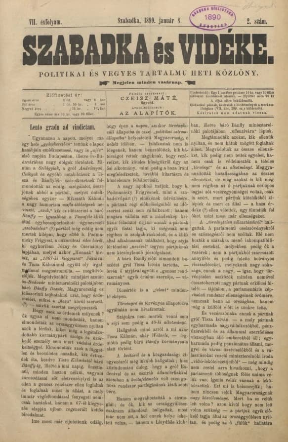 Szabadka és vidéke II, 7. évf. 1899. január 8. 2. sz.