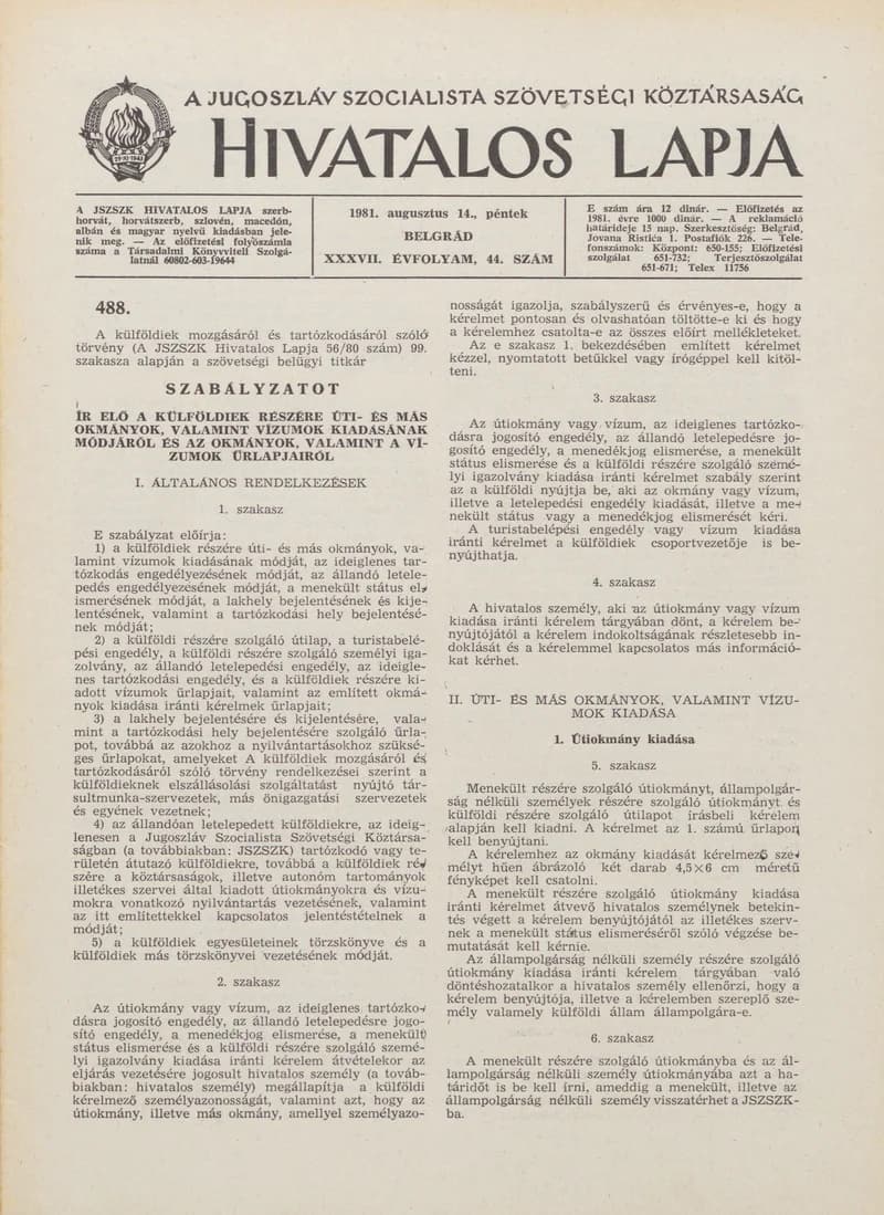 A Jugoszláv Szocialista Szövetségi Köztársaság Hivatalos Lapja, 37. évf. 1981. augusztus 14. 44. sz. 1153–1176. oldal