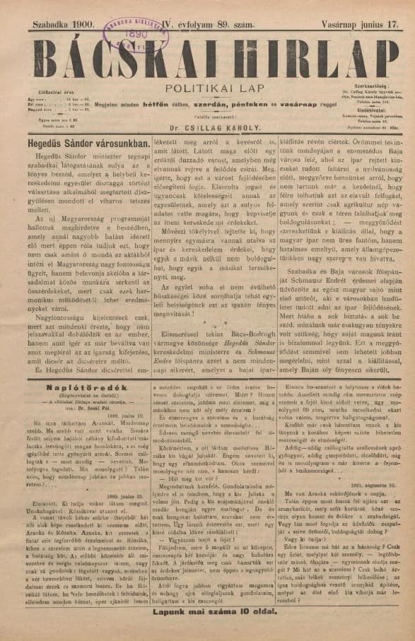 Bácskai Hirlap, 4. évf. 1900. június 17. 89. sz.