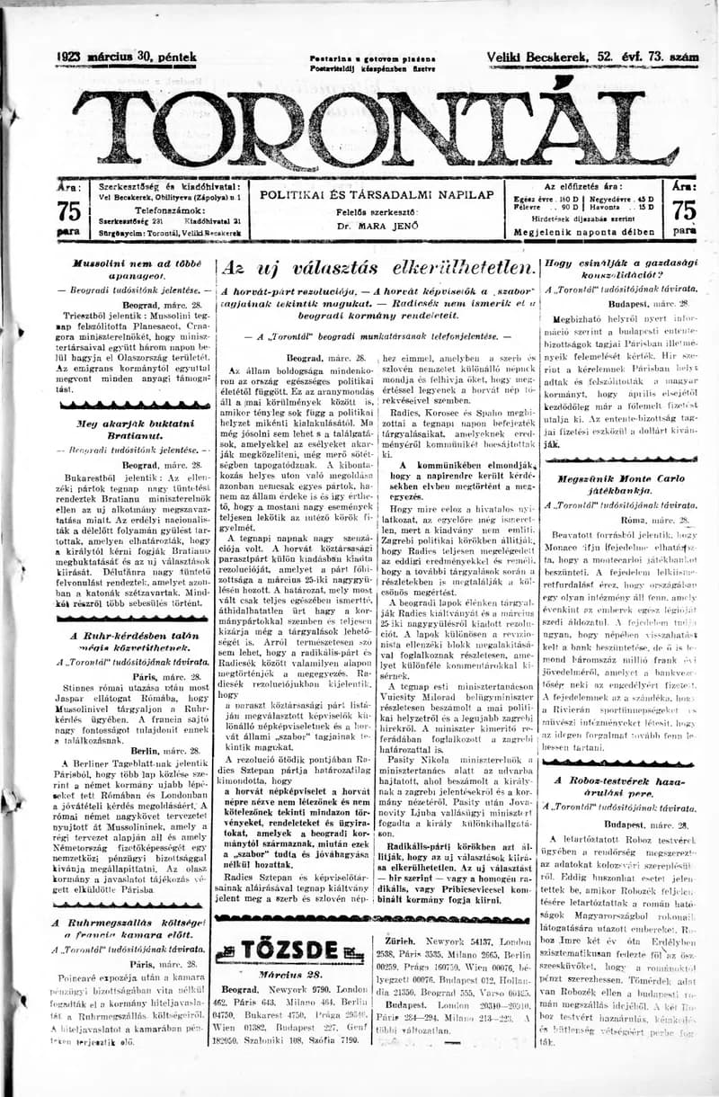 Torontál, 52. évf. 1923. március 30. 73. sz.