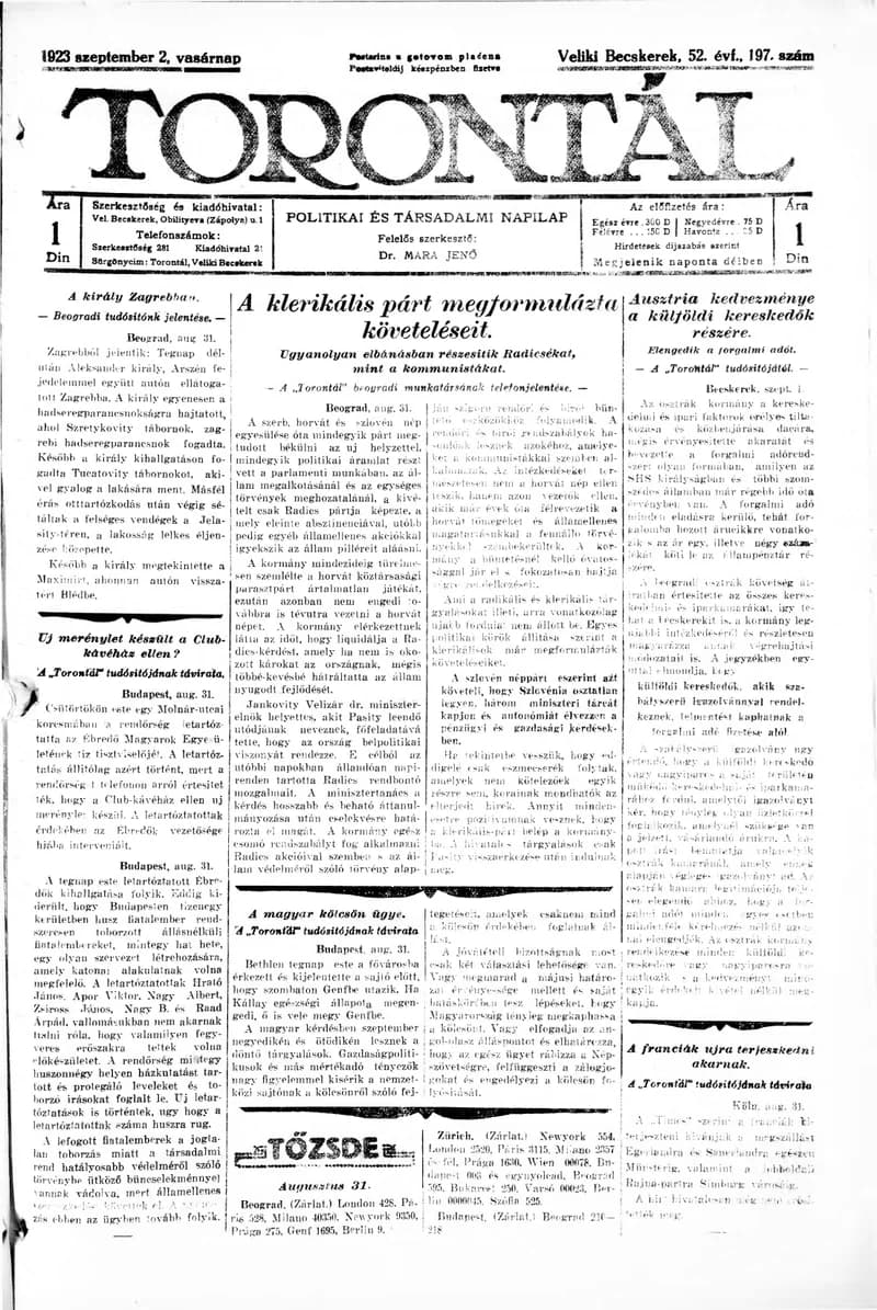 Torontál, 52. évf. 1923. szeptember 2. 197. sz.